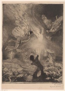 Naisen muotoinen liekki, jota ympäröivät miehet, joiden siivet palavat ja kaatuvat femme flamme Girl of ilo (sarjan nimi) Fille de Joie (sarjan nimi esineellä) tekijältä Marcel Roux (signed by artist)