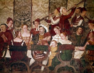 Tanskan kuningas Christian I Bartolomeo Colleonin isännöimässä juhlassa. Kutsujen yksityiskohta (fresko, n. 1480)