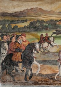 Metsästyskohtaus, yksityiskohta tanskalaisen Christian I:n vierailusta Bartolomeo Colleonin kunniahuoneeseen