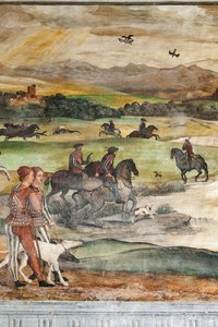 Metsästyskohtaus, yksityiskohta tanskalaisen Christian I:n vierailusta Bartolomeo Colleonin kunniahuoneeseen