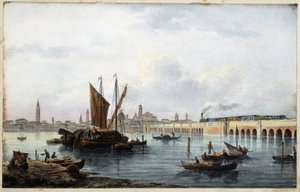 Silta laguunin yli "Venetsia-albumissa"" piirtää Marco Moron toim. Gio Brize-Ghel n.d 1840. noin. tekijältä Marco (after) Moro