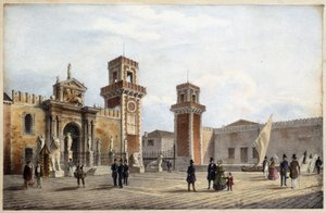 Venetsian arsenaali "Venetsialaisten päänäkymien albumissa"" piirtää Marco Moron toim. Gio Brize-Ghel n.d 1840. noin. tekijältä Marco (after) Moro