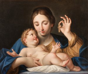 Madonna näyttää pientä ristiä Jeesukselle (öljy kankaalle)