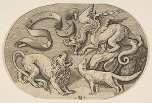 Leijona, lohikäärme ja kettu taistelevat keskenään, yläpuolella kaiverrettu banderoli, soikea c..., n. 1515-27.
