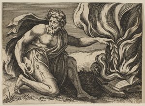 Mies polvistuu ja asettaa laakerinoksan palavien kirjojen pinon päälle, n. 1515-27. tekijältä Marco Dente