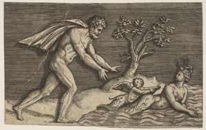 Alaston mies puristamassa naidia ja amoria veteen, n. 1515-27.