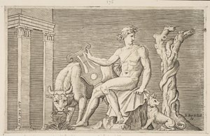 Apollo hoitaa Admetuksen parvia, Apollo istui kädessään lyyraa ja hänen vieressään..., n. 1515-27. tekijältä Marco Dente