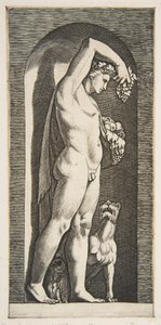 Bacchus seisoo nichessä pitäen viinirypäleitä kohotetussa oikeassa kädessään, hedelmää l..., n. 1515-27. tekijältä Marco Dente