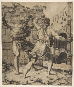 Entellis ja Dares taistelevat klassisten raunioiden edessä, 1520-25. tekijältä Marco Dente