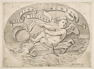 Eros pakenee merellä, Cupid käyttää keulaansa kuljettaakseen venettä, joka on valmistettu hänen väreistään..., noin. 1515-27. tekijältä Marco Dente