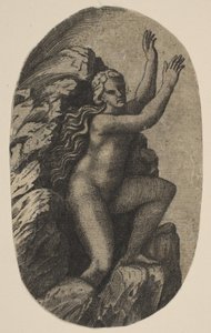 Eurydice alasti seisomassa kivellä, kädet kohotettuina oikealle, n. 1515-27.