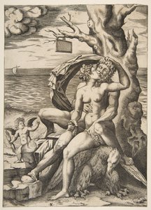 Jupiter ja Semele halaavat, kotka alla, puu oikealla tyhjällä t..., n. 1515-27.