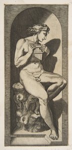Olympus alasti istuu kannolla pitäen putkia, asetettu nicheyn, n. 1515-27.