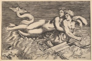 Roomalaisen loiston peili: Triton kantamassa nymfiä, 1500-luku. tekijältä Marco Dente