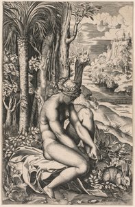 Ruusunpiippujen haavoittama Venus, n. 1516. tekijältä Marco Dente