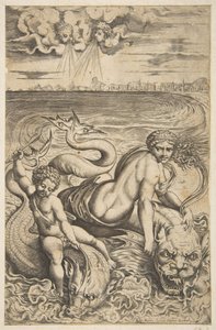 Venus ja Cupid ratsastavat kahdella merihirviöllä, Cupid nostaa nuolen oikeaan käteensä, t..., n. 1515-27. tekijältä Marco Dente