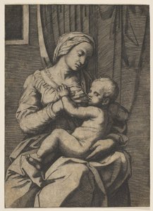 Neitsyt imettävä Kristus-lapsi sylissään, 1515-20. tekijältä Marco Dente