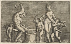 Vulcanin istuvat vasarat alasimen päällä, jota reunustavat Venus ja kolme kupidia, n. 1515-27. tekijältä Marco Dente