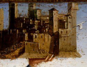 Valtaistuimella istuva Madonna ja pyhät, yksityiskohta Pyhän Adrianuksen predellasta, kirjoittanut Marco Palmezzano (n. 1460-1539), Pyhän Franciscuksen kirkko, Matelica, Marche, Italia, yksityiskohta tekijältä Marco Palmezzano