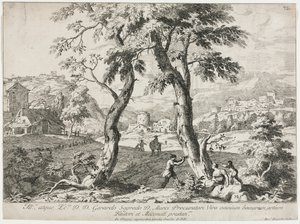 Näkymä kylästä, jossa on hahmoja etualalla, 1723. tekijältä Marco Ricci
