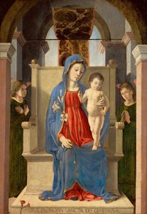 Neitsyt liljalla (jossa Jeesus-lapsi valtaistuimella, kahden enkelin ympäröimänä) - Neitsyt liljalla, kirjoittanut Zoppo, Marco (1433-1478). Tempera ja öljy puulle