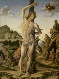 Pyhä Sebastian kivisessä maisemassa pyhien Jeromen, Anthony Abbotin ja Christopherin kanssa, n. 1475-1478