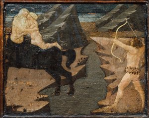 Cassone, jossa on taistelukohtaus ja kohtauksia Herkuleksen töistä, FLorence, Italia, n.1460 (tempera, gesso ja puu). tekijältä Marco del Buono Giamberti
