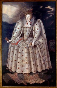 Englannin kuningatar Elisabeth (Elizabeth) Ieren jalkamuotokuva Marcus Gheeraertsin (Gerards tai Geerards) Nuoret (1561-1635) maalaus noin 1592 su. 2,41x1,52 m Lontoo, National Portrait Gallery