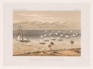 Nossi-Falyn kuninkaan lähtö isänsä hautajaisiin Le départ du Roi de Nossi-Faly au tombeau de son père en société des Voyageurs (...) (otsikko esineessä) François P.L.:n matka Siitepöly Madagaskarille (sarjan nimi) F.P.L. Siitepöly R. s tekijältä Marcus Jacob Goedkind