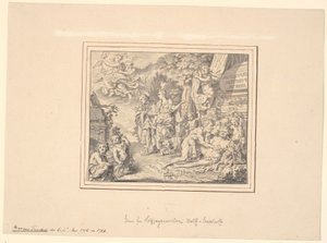 Allegorinen lehti, jossa on hukkunut Silenus ja muita mytologisia ja allegorisia hahmoja sarkofagissa, jossa on merkintä: "Sepulcrum pudicitiae mortae" tekijältä Marcus Tuscher