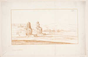 Kuvitus til "Piirrokset joistakin raunioista ja kolossaalipatsaista Thebessa Egyptissä, joissa kerrotaan maineesta kirjeessä Royal Societylle", Lontoo 1741