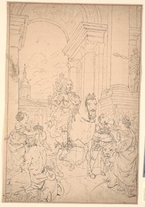 Luonnos maalaukselle: Tanska ja Norja kunnioittavat Chr. VI (poltettu Christiansborgin kanssa 1794)