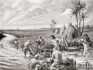Babylonian varhaiset uudisasukkaat kuivattamassa suota rakentamalla padon, Hutchinsonin History of the Nations, pub.1915. tekijältä Margaret (after) Dovaston