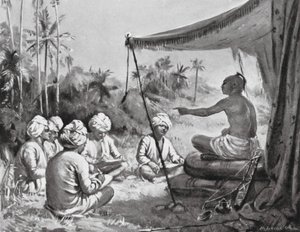 Kulottunga Chola opastaa maanmittareitaan, 1086 jKr (litografia) tekijältä Margaret (after) Dovaston