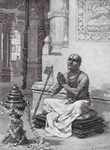 Ramanuja pohtimassa filosofiaansa yhdestä persoonallisesta Jumalasta, 1100 jKr. (litografia)