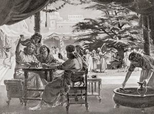 Riemu Babyloniassa, kun Esarhaddon rakensi kaupungin uudelleen, Hutchinsonin teoksesta History of the Nations, pub.1915. tekijältä Margaret (after) Dovaston
