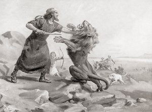 Tiglath-Pileser tappamassa leijonaa, Hutchinsonin teoksesta History of the Nations, pub.1915. tekijältä Margaret (after) Dovaston