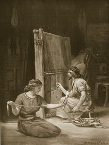 Babylonialainen kangaspuuseppä, kuvitus Hutchinsonin teoksesta "History of the Nations" (litografia). tekijältä Margaret Dovaston