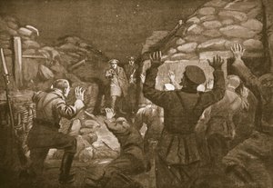Saksalainen upseeri ja neljätoista hänen miestään huutavat armoa luutnantti Leachille (litografia). tekijältä Margaret Dovaston
