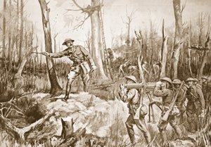 Kapteeni (väliaikainen everstiluutnantti) R.B. Barker organisoimassa metsän puolustusta (litografia). tekijältä Margaret Dovaston