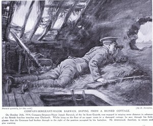 Komppanian vääpeli Barwick ampuu Ghehuveltin raunioituneesta mökistä lokakuussa 1914 (litografia). tekijältä Margaret Dovaston