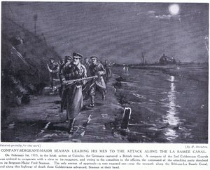Komppanian kersantti majuri Seaman johtaa miehiään La Bassen kanavan varrella helmikuussa 1915 (litografia). tekijältä Margaret Dovaston