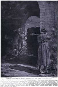 Komppanian vääpeli Seaman sai kunniamerkin saksalaisten hyökkäyksen torjumisesta yksin helmikuussa 1915 (litografia). tekijältä Margaret Dovaston