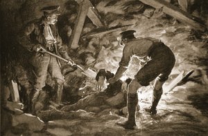 Alikersantti J. McCartney kaivaa toverinsa avustuksella kaivoksen räjähdyksen hautaamaa kaivosmiestä (litografia).