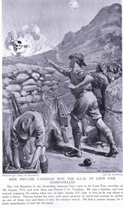 Miten sotamies Vaughan voitti DCM:n Lone Pine Dardanelleilla elokuussa 1915 (litografia).