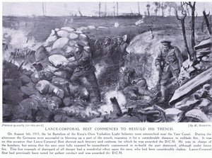 Alikersantti Best sai DCM:n, kun hän aloitti juoksuhaudan uudelleenrakentamisen Yserin kanavalla raskaassa tulituksessa elokuussa 1915 (litografia). tekijältä Margaret Dovaston