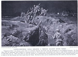 Alikersantti Jacka saa ansiomerkin näyttämällä, miten yksi mies voi voittaa seitsemän Toukokuu 1915 (litografia) tekijältä Margaret Dovaston