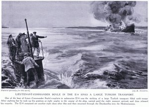 Komentajakapteeniluutnantti Boyle E14:llä upottaa suuren turkkilaisen kuljetusaluksen 1915 (litografia). tekijältä Margaret Dovaston