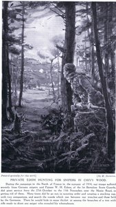 Sotamies Edom metsästää tarkka-ampujia Chivy Woodissa syksyllä 1914 (litografia). tekijältä Margaret Dovaston