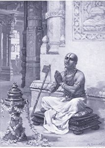 Ramanuja pohtimassa filosofiaansa yhdestä persoonallisesta Jumalasta 1100 jKr (litografia)